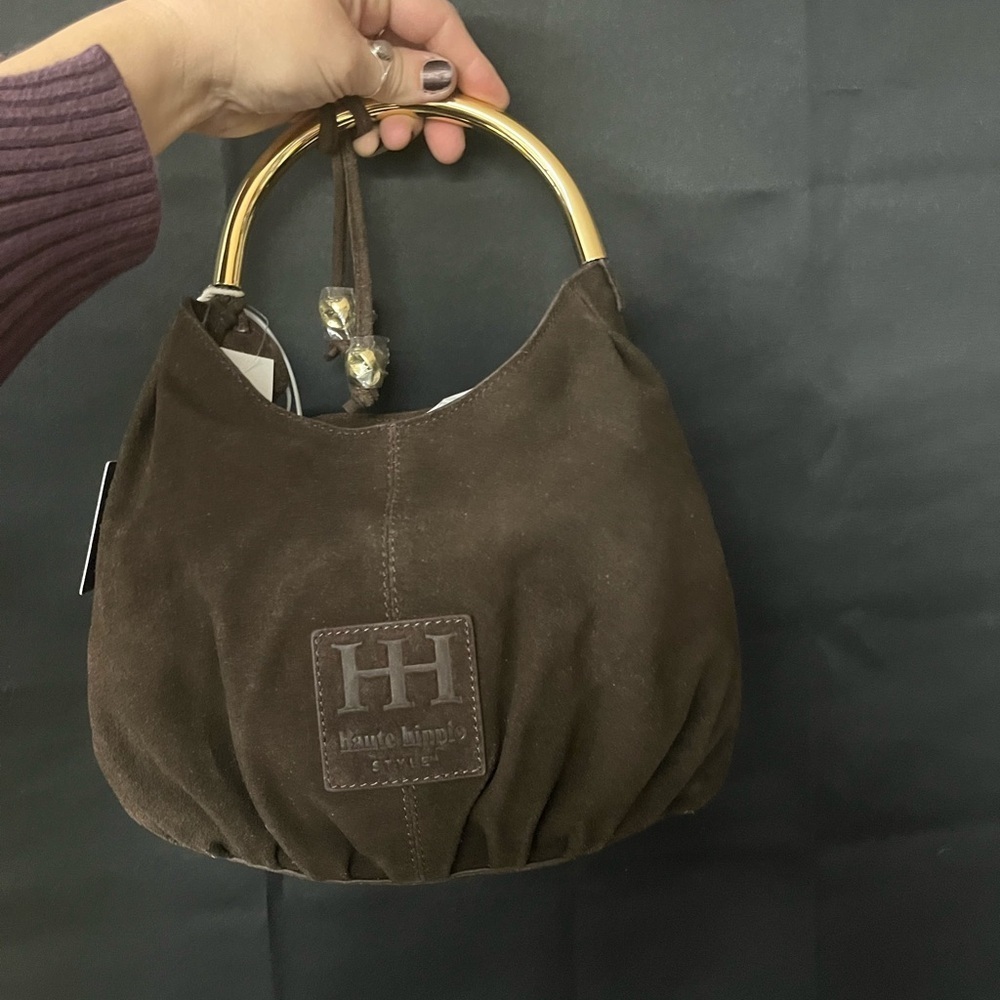 NWT Haute Hippie Dark Brown Suede Shoulder Bag with Gold Handle - Picture 9 of 13